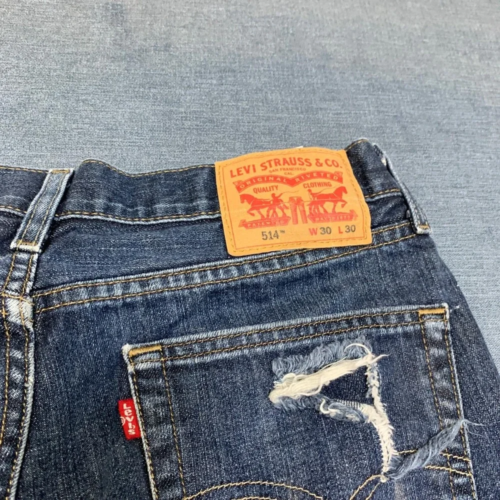 Levi's 514 Jeans Mens 30x30 Blue Denim Distressed Dark Wash Straight Fit Cozy